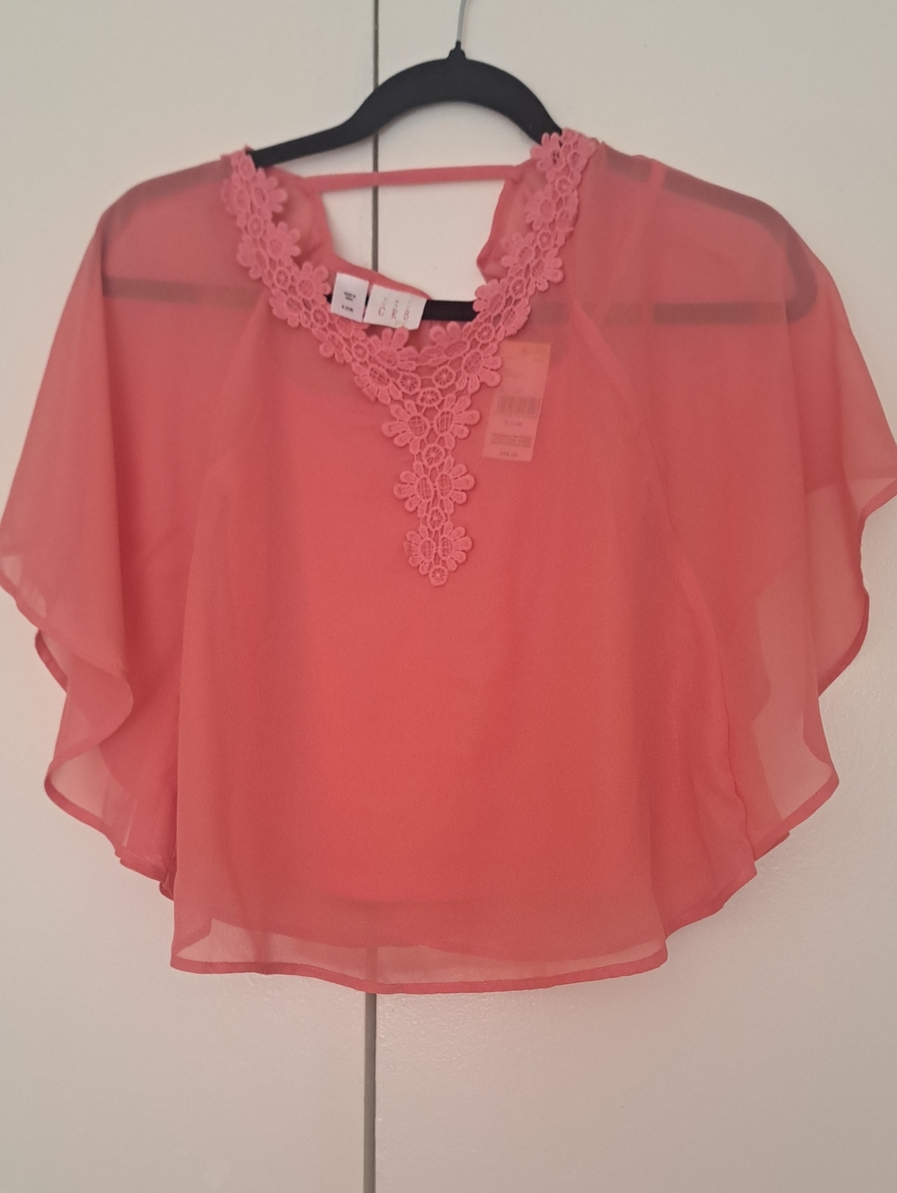C R B Girls Coral Lace-Trim Sheer Capelet Top